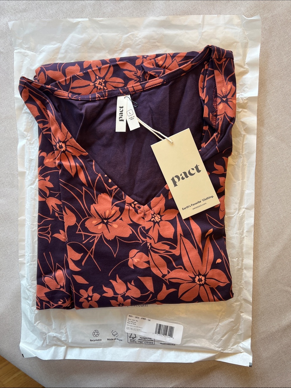 Pact Organic Fit & Flare Easy Dress Large Plum Botanical - Picture 7 of 8